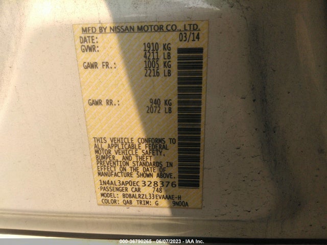 2014 NISSAN ALTIMA 2.5/S/SV/SL VIN: 1N4AL3APOEC328376