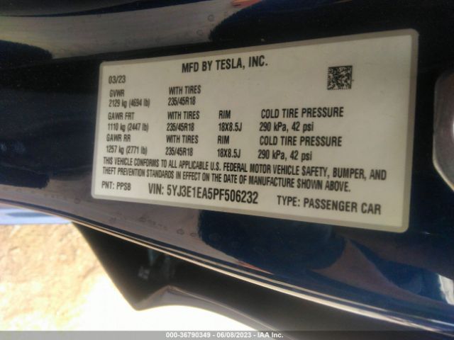 5YJ3E1EA5PF506232 Tesla MODEL 3