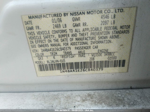 2006 NISSAN MAXIMA 3.5 SE VIN: 1N4BA41E26C840379