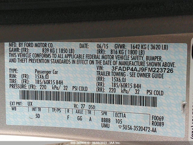 2015 FORD FIESTA S VIN: 3FADP4AJ9FM223726