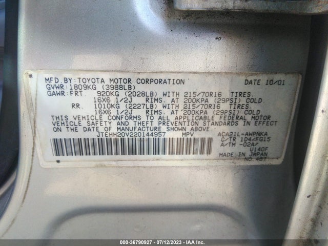 2002 TOYOTA RAV4 VIN: JTEHH20V220144957