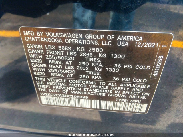 1V2KC2CA3NC208099 Volkswagen Atlas Cross Sport 2.0t Se W/technology
