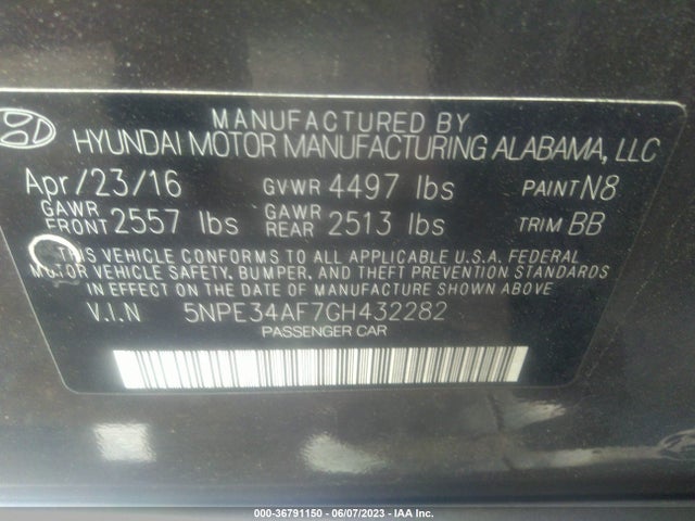 2016 HYUNDAI SONATA 2.4L LIMITED VIN: 5NPE34AF7GH432282