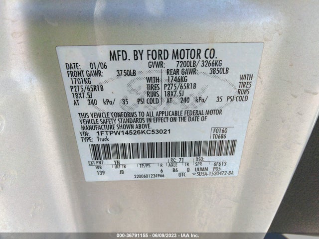 2006 FORD F-150 XLT/FX4/LARIAT/KING RANCH VIN: 1FTPW14526KC53021