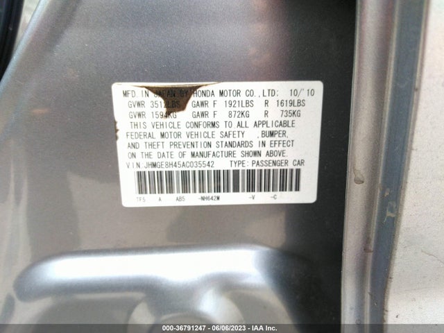Продажа на аукционе авто 2010 Honda Fit Sport, vin: JHMGE8H45AC035542, номер лота: 36791247