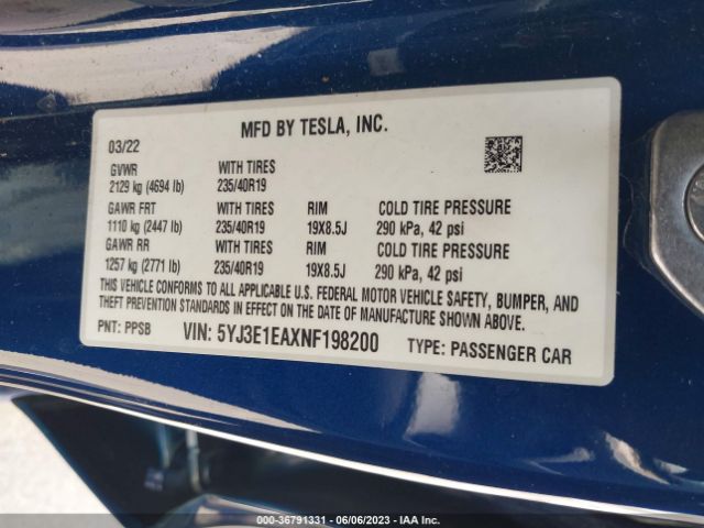 5YJ3E1EAXNF198200 Tesla MODEL 3