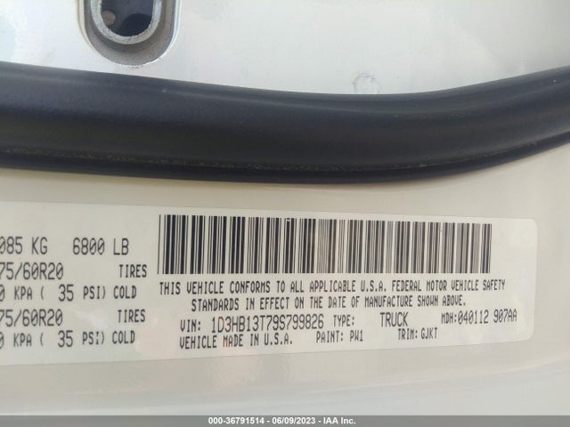 2009 DODGE RAM 1500 LARAMIE VIN: 1D3HB13T79S799826