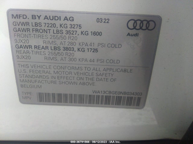 2022 Audi e-tron, VIN: WA13CBGE0NB034303