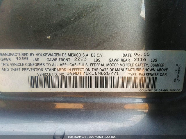 2006 VOLKSWAGEN JETTA SEDAN 1.9L TDI VIN: 3VWDT71K16M625771