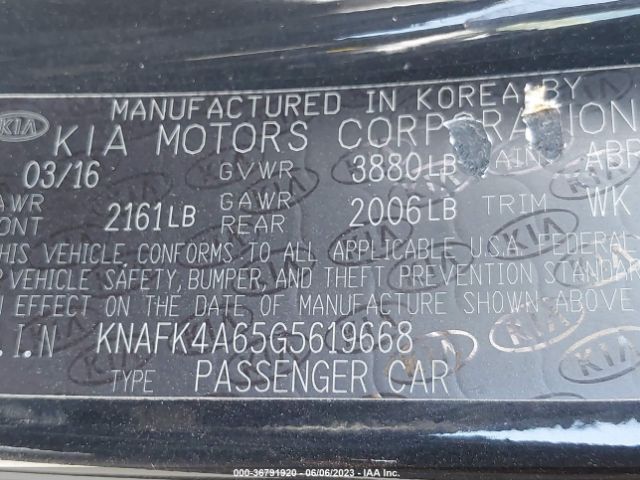 KNAFK4A65G5619668 KIA FORTE LX