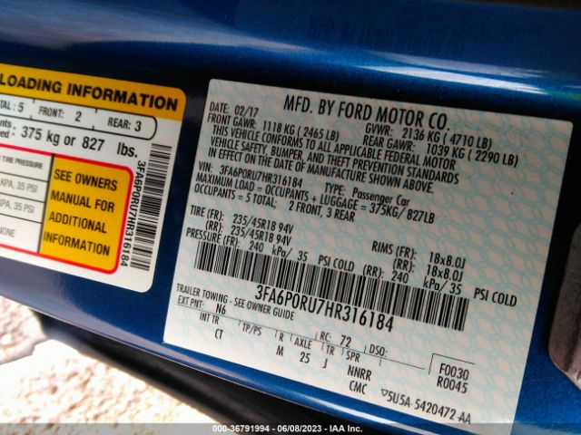 3FA6P0RU7HR316184 Ford FUSION HYBRID