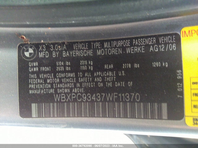 Продаж на аукціоні авто 2007 Bmw X3 3.0si, vin: WBXPC93437WF11370, номер лоту: 36792098