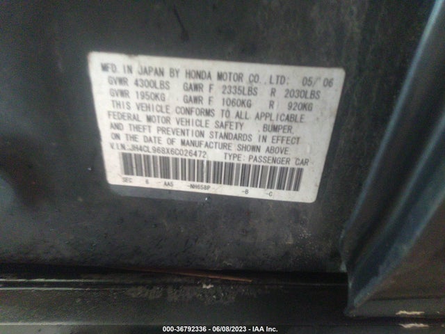 2006 ACURA TSX VIN: JH4CL968X6C026472