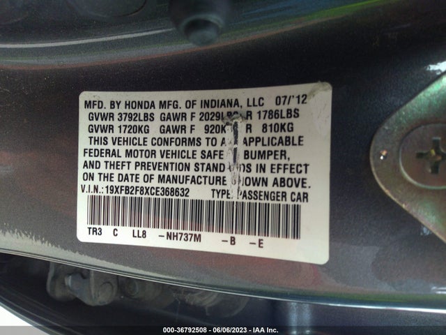 2012 HONDA CIVIC SDN EX VIN: 19XFB2F8XCE368632
