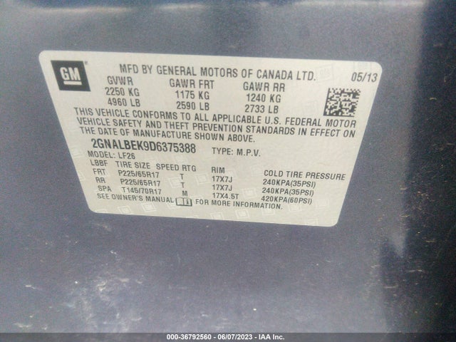 2013 CHEVROLET EQUINOX LS VIN: 2GNALBEK9D6375388