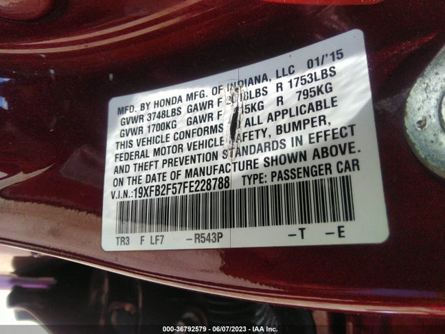 2015 HONDA CIVIC SEDAN LX VIN: 19XFB2F57FE228788