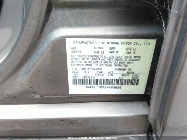 2005 NISSAN ALTIMA 2.5 VIN: 1N4AL11D75N453826