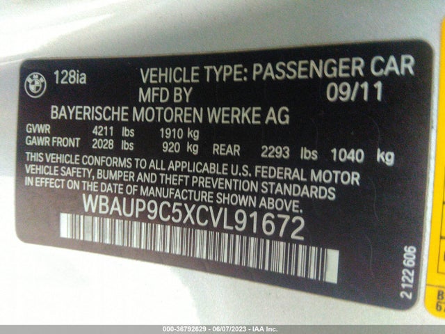 2012 BMW 1 SERIES 128I VIN: WBAUP9C5XCVL91672