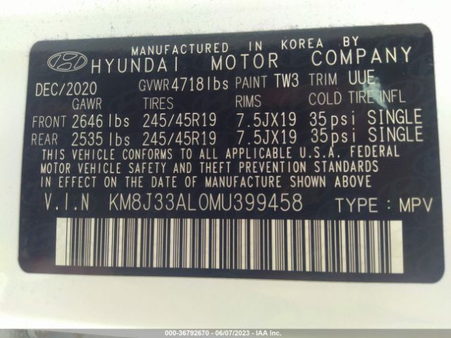 KM8J33AL0MU399458 Hyundai Tucson Sport