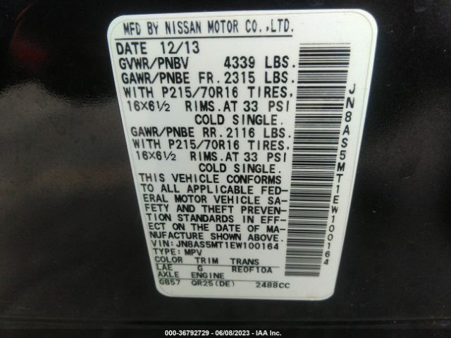 JN8AS5MT1EW100164 Nissan Rogue Select S