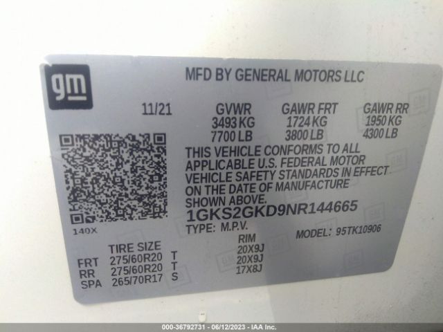1GKS2GKD9NR144665 GMC Yukon Xl Slt