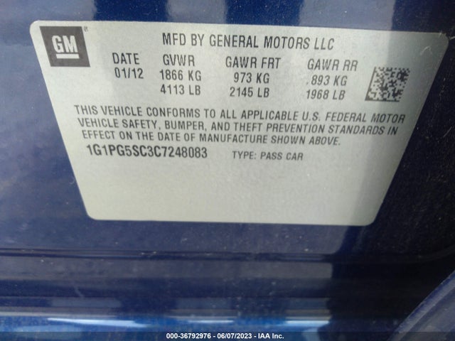 2012 CHEVROLET CRUZE LT W/2LT VIN: 1G1PG5SC3C7248083