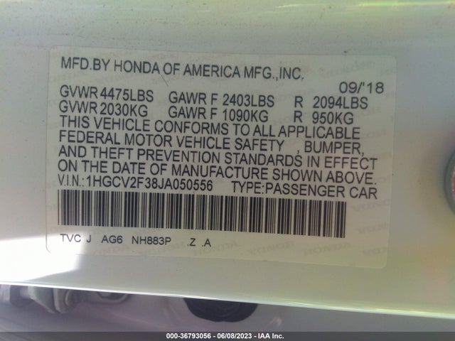2018 HONDA ACCORD SEDAN SPORT 2.0T VIN: 1HGCV2F38JA050556