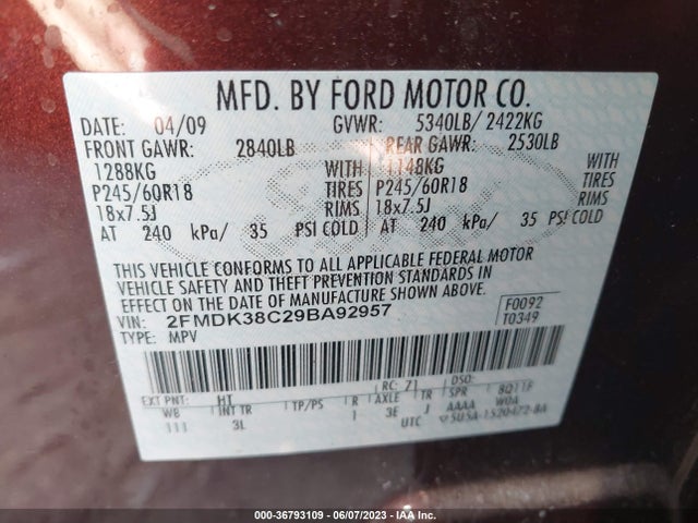 2009 FORD EDGE SEL VIN: 2FMDK38C29BA92957