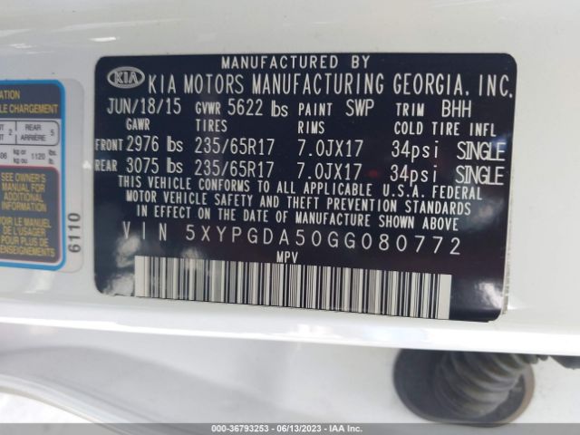 5XYPGDA50GG080772 KIA SORENTO LX