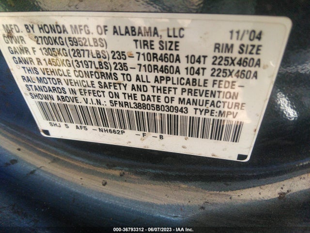 2005 HONDA ODYSSEY TOURING VIN: 5FNRL38805B030943