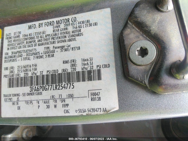 Ford FUSION S 2020 3FA6P0G77LR254775 Image 10