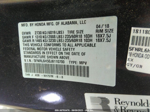 Honda ODYSSEY EX 2018 5FNRL6H50JB110700 Image 9