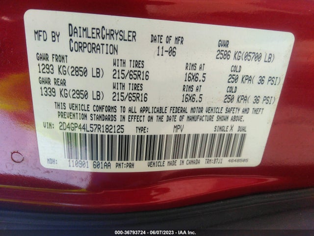 2007 DODGE GRAND CARAVAN SXT VIN: 2D4GP44L57R182125