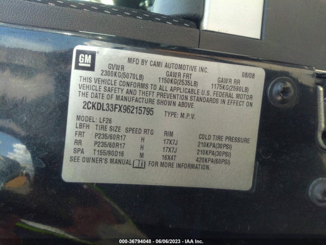 2009 PONTIAC TORRENT VIN: 2CKDL33FX96215795