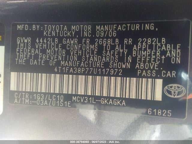 2007 TOYOTA CAMRY SOLARA SE/SLE/SE SPORT VIN: 4T1FA38P77U117972