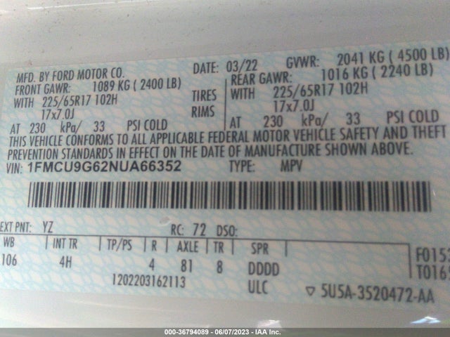 Ford ESCAPE SE 2022 1FMCU9G62NUA66352 Image 10