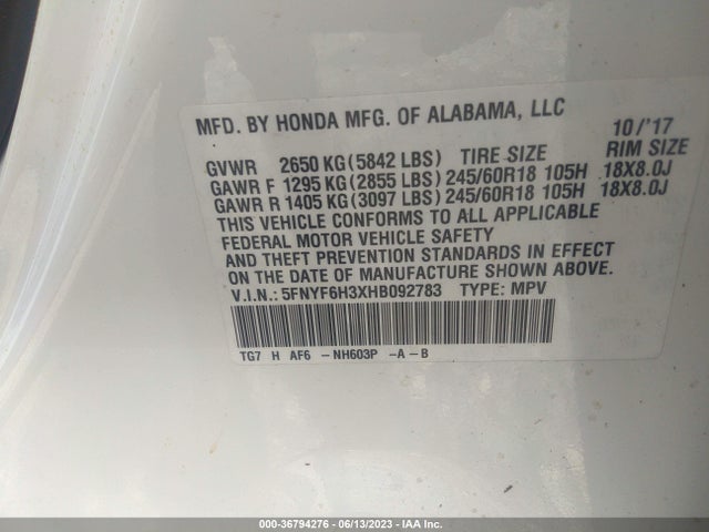Honda Pilot Ex 2017 5FNYF6H3XHB092783 Image 9