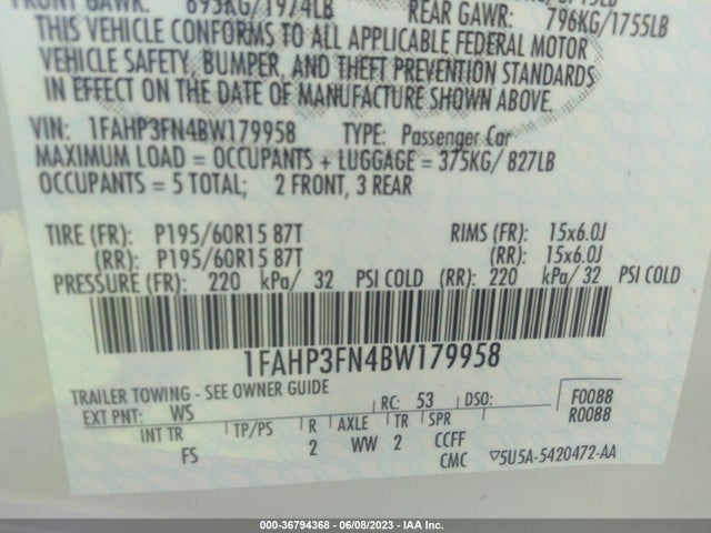 2011 FORD FOCUS SE VIN: 1FAHP3FN4BW179958