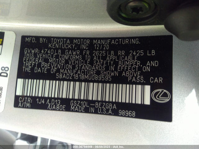 2021 LEXUS ES ES 350 VIN: 58ADZ1B18MU089595