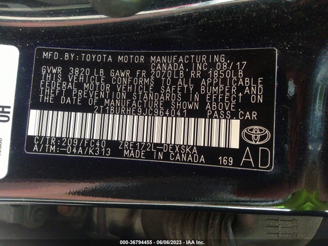 2018 TOYOTA COROLLA L/LE/XLE/SE/XSE VIN: 2T1BURHE9JC964041