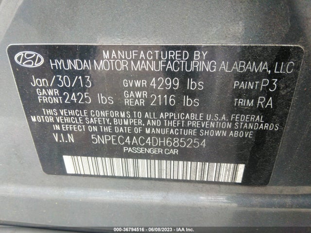 2013 HYUNDAI SONATA SE VIN: 5NPEC4AC4DH685254