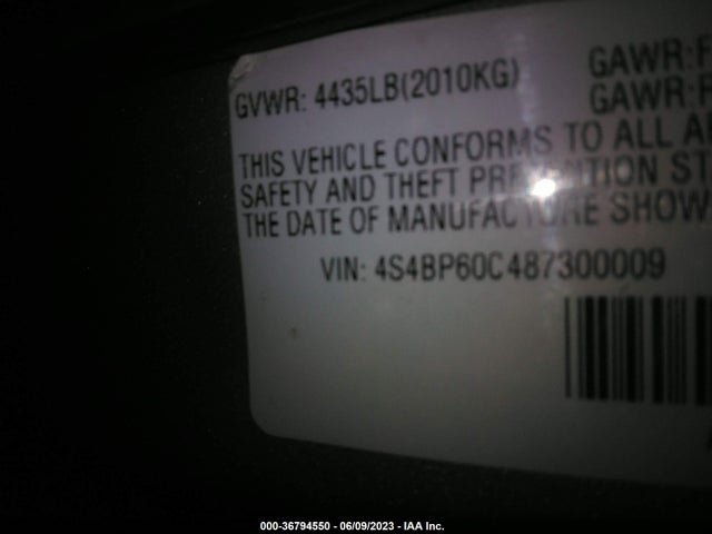 2008 SUBARU OUTBACK VIN: 4S4BP60C487300009