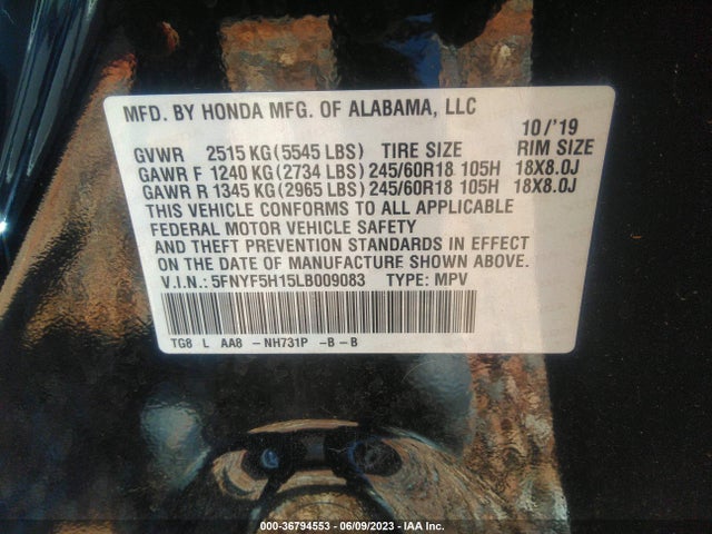 Honda PILOT LX 2020 5FNYF5H15LB009083 Image 9