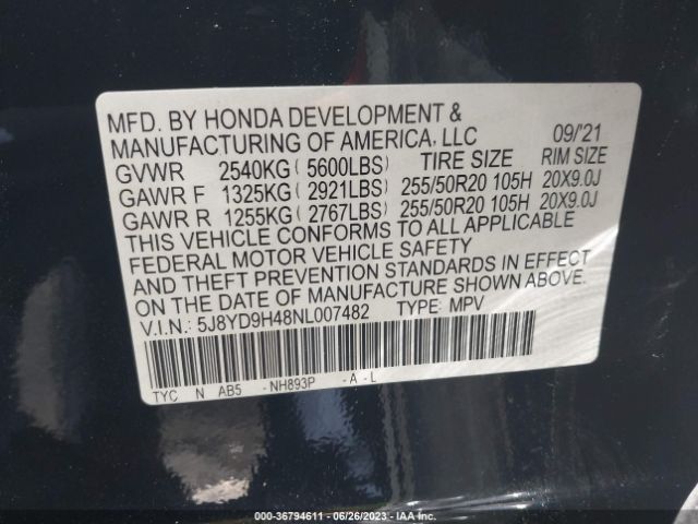 5J8YD9H48NL007482 Acura Mdx W/technology Package