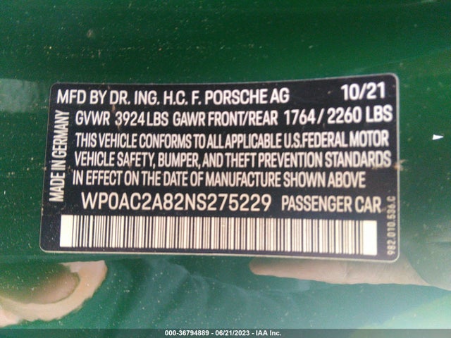 2022 Porsche 718, VIN: WP0AC2A82NS275229