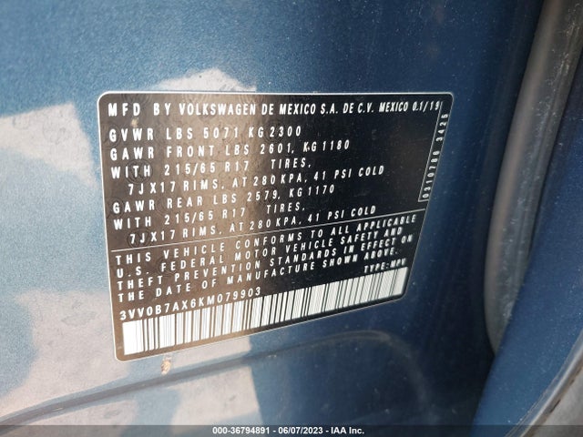 2019 VOLKSWAGEN TIGUAN S VIN: 3VV0B7AX6KM079903