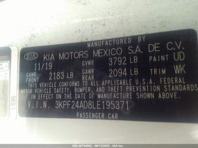 3KPF24AD8LE195371 KIA Forte Lxs
