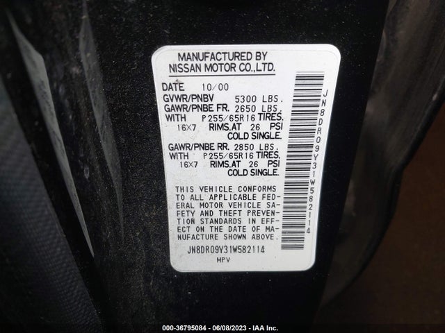 2001 NISSAN PATHFINDER LE VIN: JN8DR09Y31W582114