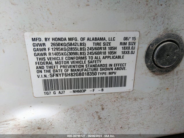 Honda Pilot Ex-l 2016 5FNYF6H82GB018350 Image 9