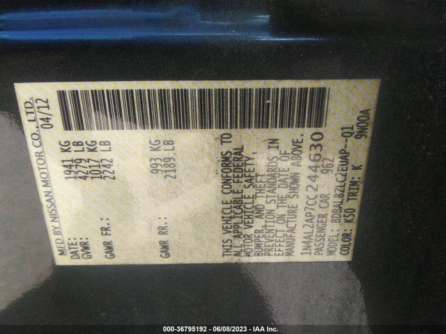 36795192 :رقم المزاد ، 1N4AL2AP7CC244630 vin ، 2012 Nissan Altima 2.5 S مزاد بيع